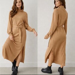 Aritzia The Group by Babaton Ono Sweater Dress Tan Turtleneck Belted Maxi XS